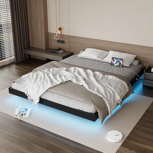 Modern floating bed base with LED under-bed lighting, Full size